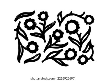 Elementos florales naif aislados en fondo blanco. Chamomiles dibujados a mano con tallos y hojas audaces. Ilustración moderna. Flores negras de estilo retro. Cepillado vectorial de camomilas abstractas.