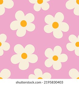 Naive floral pattern in the style of the 70s with groovy daisy flowers. Retro design. Pink background. Style of the 60s, 70s, 80s. Scandinavian nursery print