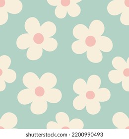 Naive floral pattern in the style of the 70s with groovy daisy flowers of natural tones. Retro design. Contemporary minimalistic trendy background for kids. Scandinavian nursery print.