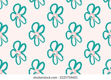 Naive floral pattern in the style of the 70s with groovy daisy flowers of natural tones. Retro design. Contemporary minimalistic trendy background for kids. Scandinavian nursery print.