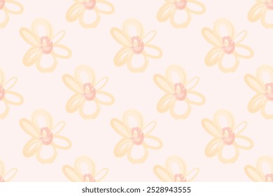 Naive floral pattern in the style of the 70s with groovy daisy flowers of natural tones. Retro design. Contemporary minimalistic trendy background for kids. Scandinavian nursery print.