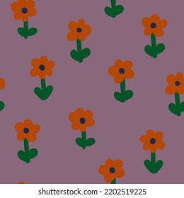 Naive floral seamless pattern with abstract red flowers on lilac background. Minimalistic floral design for wallpaper,design paper or bedding.