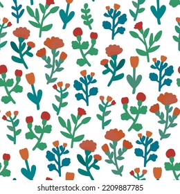 Patrón inmaculado floral sin costura, con flores rojas simples y hierbas sobre fondo blanco. Diseño floral minimalista para papel pintado, papel de diseño o ropa de cama.