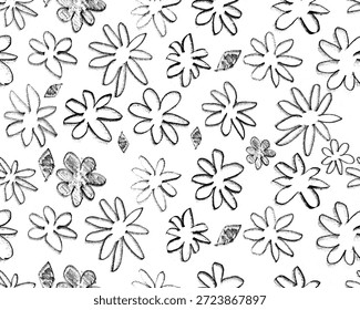 Padrão de flor ingênua em margarida ou camomila desenhada à mão preta. Crayon ou lápis esboço fundo botânico. Simples prado floral vetor impressão para papel de embrulho, papel de parede, têxtil, design de embalagem.