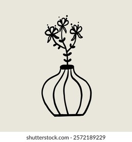 Naive Flower Pot Ceramic. Flowerpot Sketch Black Line Symbol. Stylized Whimsical Vector Element Decor