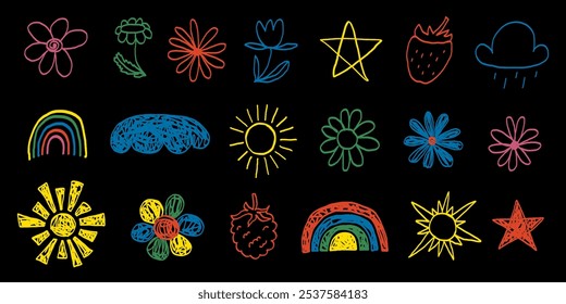 Naive flower, sun, cloud, rainbow and star sketch. Hand drawn vector illustration. Colorful pen or marker drawing. Primitive childish picture