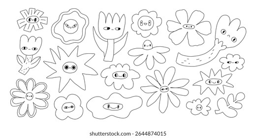 Naive flowers with cute faces. Set plants forms with eyes and mouth. Hand Drawn Floral Elements Clipart Set, Organic Botanical Vector