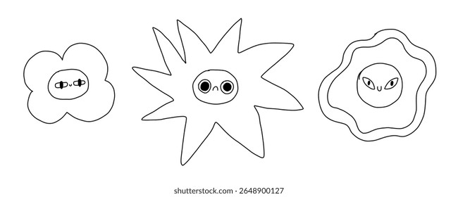 Naive flowers with cute faces. Set plants forms with eyes and mouth. Hand Drawn Floral Elements Clipart Set, Organic Botanical Vector
