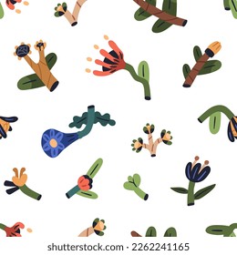 Naive flowers pattern. Seamless background, childish creative whimsical plants repeating print. Endless doodle floral texture design. Stylized flat vector illustration for textile, fabric, wrapping