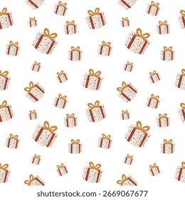 Naive folk Christmas seamless pattern with festive gift boxes on white background for wrapping paper and modern packaging