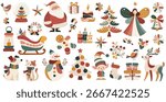 Naive folk style Christmas vector set with Santa, elf, candles, gifts, animals and holiday tree decorations