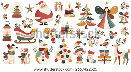 Naive folk style Christmas vector set with Santa, elf, candles, gifts, animals and holiday tree decorations