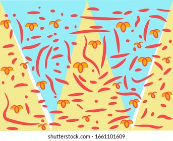 Los insectos cómicos y las líneas rojas onduladas en el fondo triangular azul y amarillo 