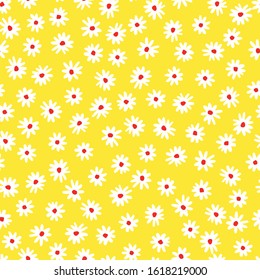 Naive graphic abstract daisies floral vector seamless pattern. Simplistic hand drawn white blooms on leon yellow background. Retro minimal stylized flowers and dots print.