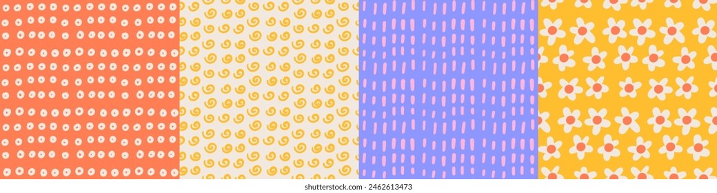 Naive groovy abstract shapes seamless patterns. 70s figure circle, spiral, flower, stroke backgrounds. Geometric hand drawn posters in trendy retro style. Vector kiddy illustration.