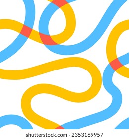 Naive groovy squiggle seamless pattern. 1970 Fun colorful line Doodle pattern in blue and yellow colours. Contemporary trendy backgrounds for kids. Scandinavian nursery print