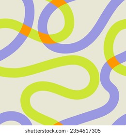 Naive groovy squiggle seamless pattern. 1970 Fun colorful line Doodle  pattern in green and lavender colours. Contemporary trendy backgrounds for kids. Scandinavian nursery print