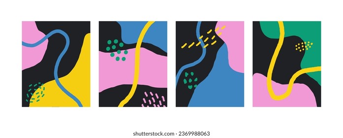 Naive Groovy Vektor Boho Doodle Set. Brutal zeitgenössische Figur-Star-Oval-Wellenmuster. Schweizer Design-Ästhetik. Geometrische schwarze Plakate im trendigen, brutalistischen Retro-Design.