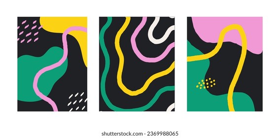 Juego de doodles de Boho, vector de groovy naive. Patrones brutales de onda ovalada de estrellas de figuras contemporáneas. Estética de diseño suizo. Afiches negros geométricos con un estilo moderno retro de diseño brutalista.