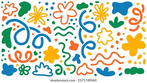 Naive groovy vector Boho doodle set. Brutal contemporary figure star oval wave patterns. Swiss design aesthetic. Geometric black posters in trendy retro brutalist design style.