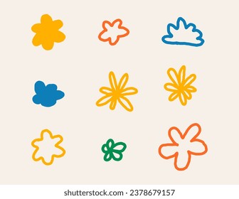 Naive Groovy Vektor Boho Doodle Set. Brutale zeitgenössische Blumen. Schweizer Design-Ästhetik. Geometrische schwarze Plakate im trendigen, brutalistischen Retro-Design.