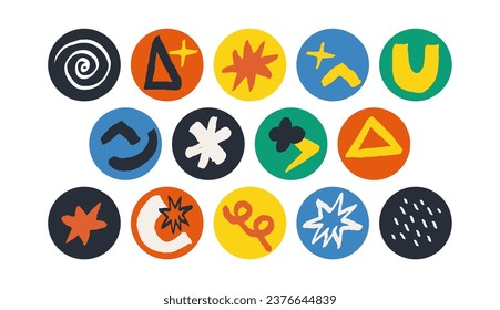 Naive groovy vsticker pack. Brutal contemporary figure star oval arc wave patterns. Swiss design aesthetic. Geometric black posters in trendy retro brutalist design style.