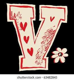 naive hand drawn alphabet, doodle V