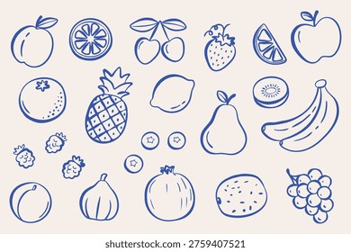 Naive hand drawn fruit set in doodle sketch style. Minimal line art collection with apple, banana, citrus, berries and tropical fruits. Modern playful illustration for packaging, menu, stickers and patterns.