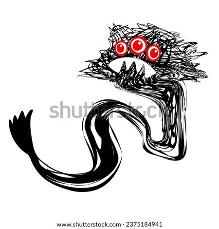 Naive hand drawn monster character in cartoon scrabble style isolated on white background. Vector illustration for Halloween celebrationg, t-shirts print, clipart, decorations, sketch, icon, stickers.