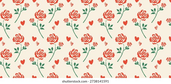 Naive hand drawn seamless pattern with roses and red hearts in crayon style. Cute romantic floral patter on warm paper texture background perfect for fabric, wrapping paper, greeting card, wallpaper