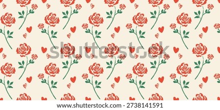 Naive hand drawn seamless pattern with roses and red hearts in crayon style. Cute romantic floral patter on warm paper texture background perfect for fabric, wrapping paper, greeting card, wallpaper