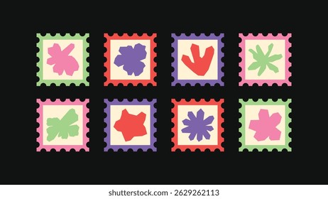 Naive hand-drawn icon pack with spiky stars, chunky flowers, and geometric shapes in a flat, imperfect sketch style — ideal for adding raw charm to posters and packaging