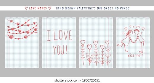 naive hand-drawn style cute valentine's day greeting card. handwritten love note message on checkered sheet. vertical banner invitation flyer brochure card