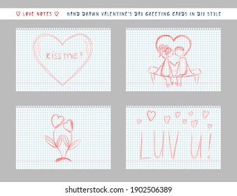 naive hand-drawn style cute valentine's day greeting card. handwritten love note message on checkered sheet. horizontal banner invitation flyer brochure card