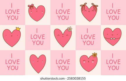 Naive illustration with a cute hearts and love message. I love you. Seamless pattern with hand drawn pink heart