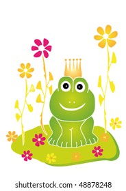 Naive illustration of the frog king sitting on a flower meadow.