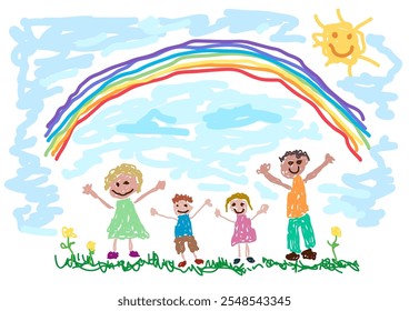 Naive illustration of a happy family celebrating under a bright rainbow and a smiling sun in a childlike style. Vector illustration that looks like it was made by a child