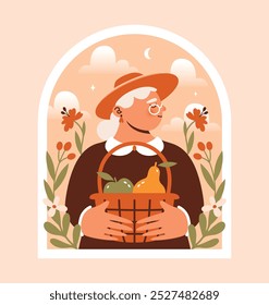 Naive illustration with old woman, who holding basket full of fruits. Cute senior woman in hat and glasses among flowers, plants, clouds. Harvest Time. Harvesting, gathering fruits. Autumn season.