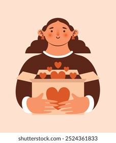 Naive illustration of young woman volunteer with box for donation full of hearts. Volunteering, supporting, humanism, charity concept. Modern cartoon clip art. Cute minimal badge. Flat Design.