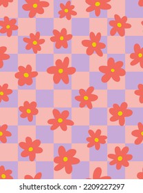 Naive, kid core simple flowers with check background all over surface print. Random placed, vector florals on grid seamless repeat pattern.