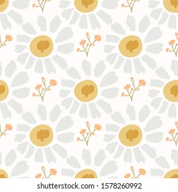 Naive Lawn Daisy Wildflower Motif Background. Naive Margerite Flower Seamless Pattern on White. Delicate Leaves Hand Drawn Textile. Spring and Summer Meadow Repeat Illustration. Vector EPS 10