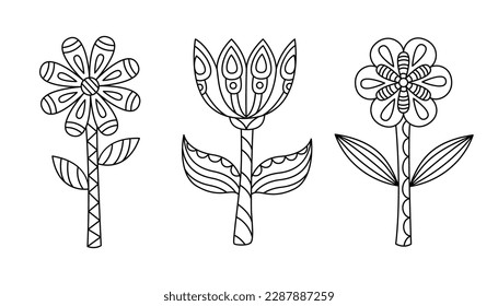 Naive linear flowers in simple style vector illustration. contour geometric plants isolated on white background