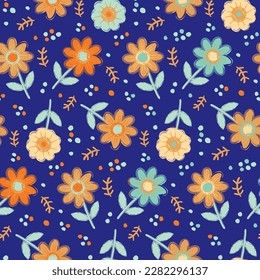 Naive meadowflowers seamless vector pattern background. Vintage retro color scribbled flowers backdrop. Tropical blue orange scattered botanical design. Decorative garden floral print for summer
