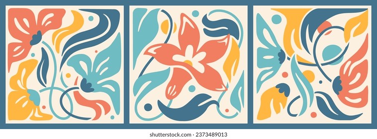 Naive modern collection of square prints with flowers and leaves. Retro Vector botanical paintings.Muted, Earth tone drawings. Set of hand drawn Contemporary floral trendy style.