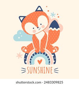 Naive modern scandi style t-shirt print. Happy sunshine baby ginger fox. Hand drawn vector illustration. Adorable funny baby animal