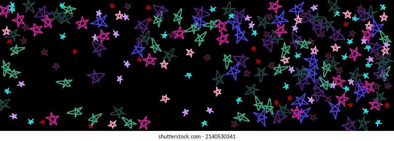 Naive Multicolor Purple Kids Lavender Dark Bright Bordo Sky Background. Colorful Green Black Pastel Chaotic Pink Childish Handdrawn Stars. Red Vivid Stars Violet Vibrant Mint Night Background.