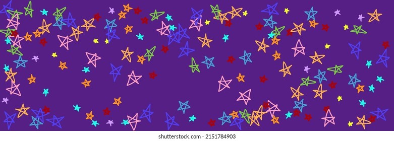 Naive Multicolor Stars Chaotic Red Vibrant Yellow Illustration. Kids Dark Pastel Violet Mint Rainbow Colorful Childish Background. Orange Pink Blue Bright Purple Green Turquoise Handdrawn Stars.