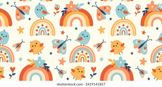 Naive nursery wallpaper. Little birds, cheerful rainbow, butterflies and summer flowers. Flat style hand drawn vector. Doodle baby shower or kids party background. All over bedroom or playroom design.