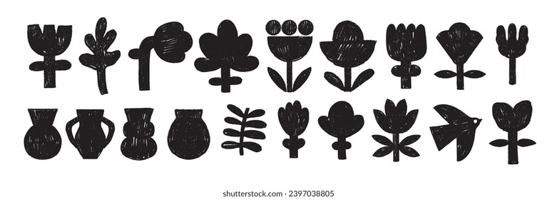 Flores abstractas orgánicas naif, elementos florales de doodle dibujados a mano, formas de textura vectorial, jarrón. Colección de matisse de primavera natural decorativa infantil, huella botánica negra garabateada. Flor naïf