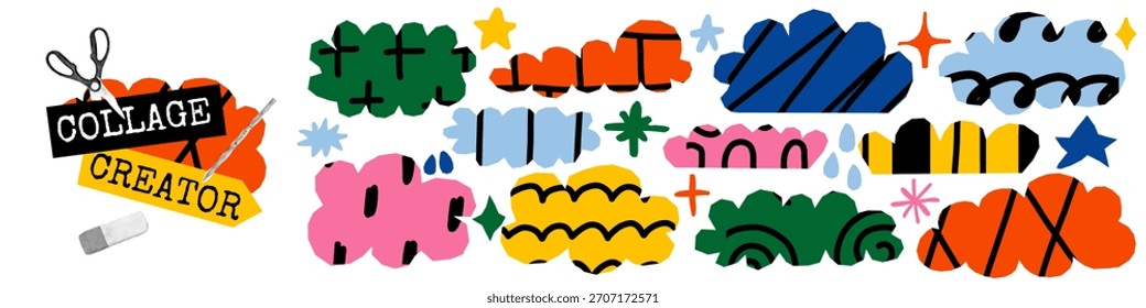 Naiv gemalte Wolken mit bunten Tropfen und verspielten Formen. Der handgezeichnete Stil bringt eine charmante raue Textur. Ideal für trendige Hintergründe und Kinderillustrationen
